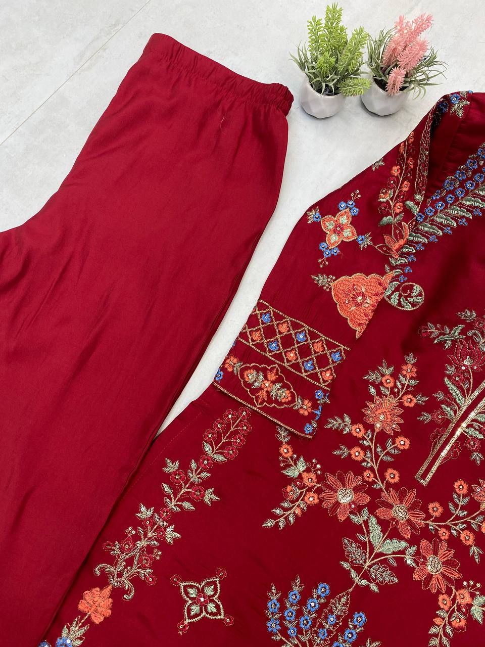 Designer Roman Silk Top with Pant & Dupatta – Embroidery & Sequence Work