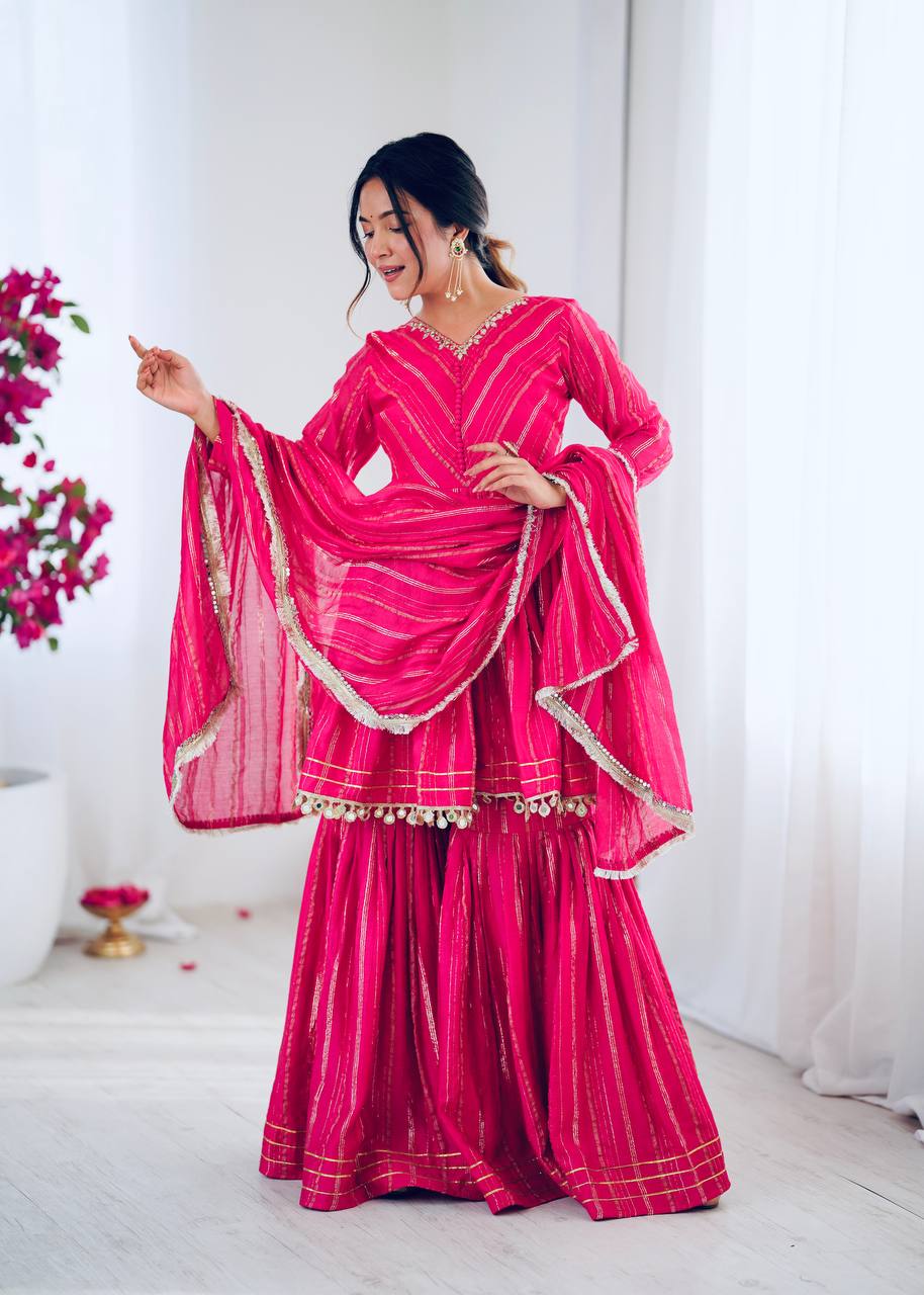 Designer Mal Chanderi Top with Sharara Plazzo & Dupatta – Mirror Work & Hand Embroidery