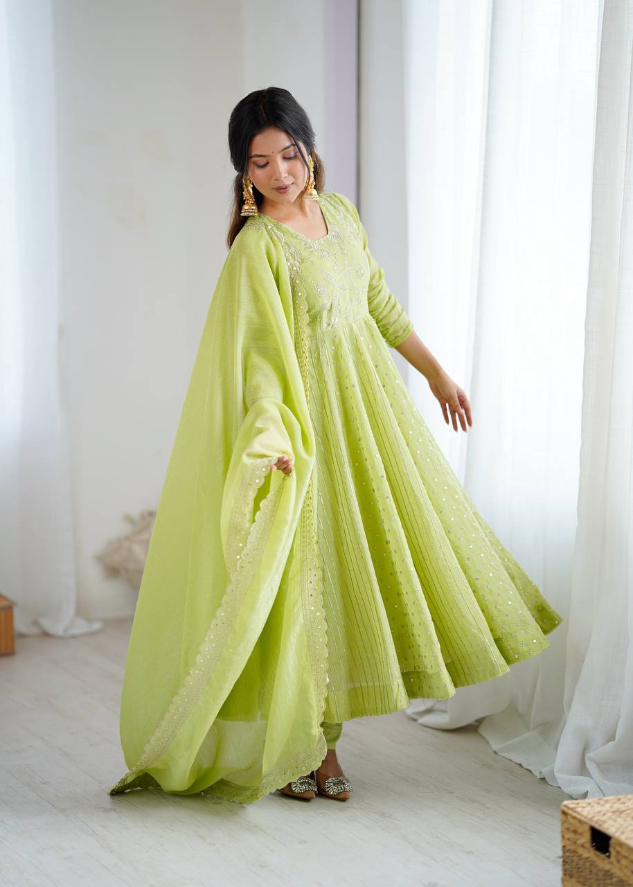 Designer Anarkali Gown Set with Pant & Dupatta – Crunchy Silk with Embroidery & Sequence Work