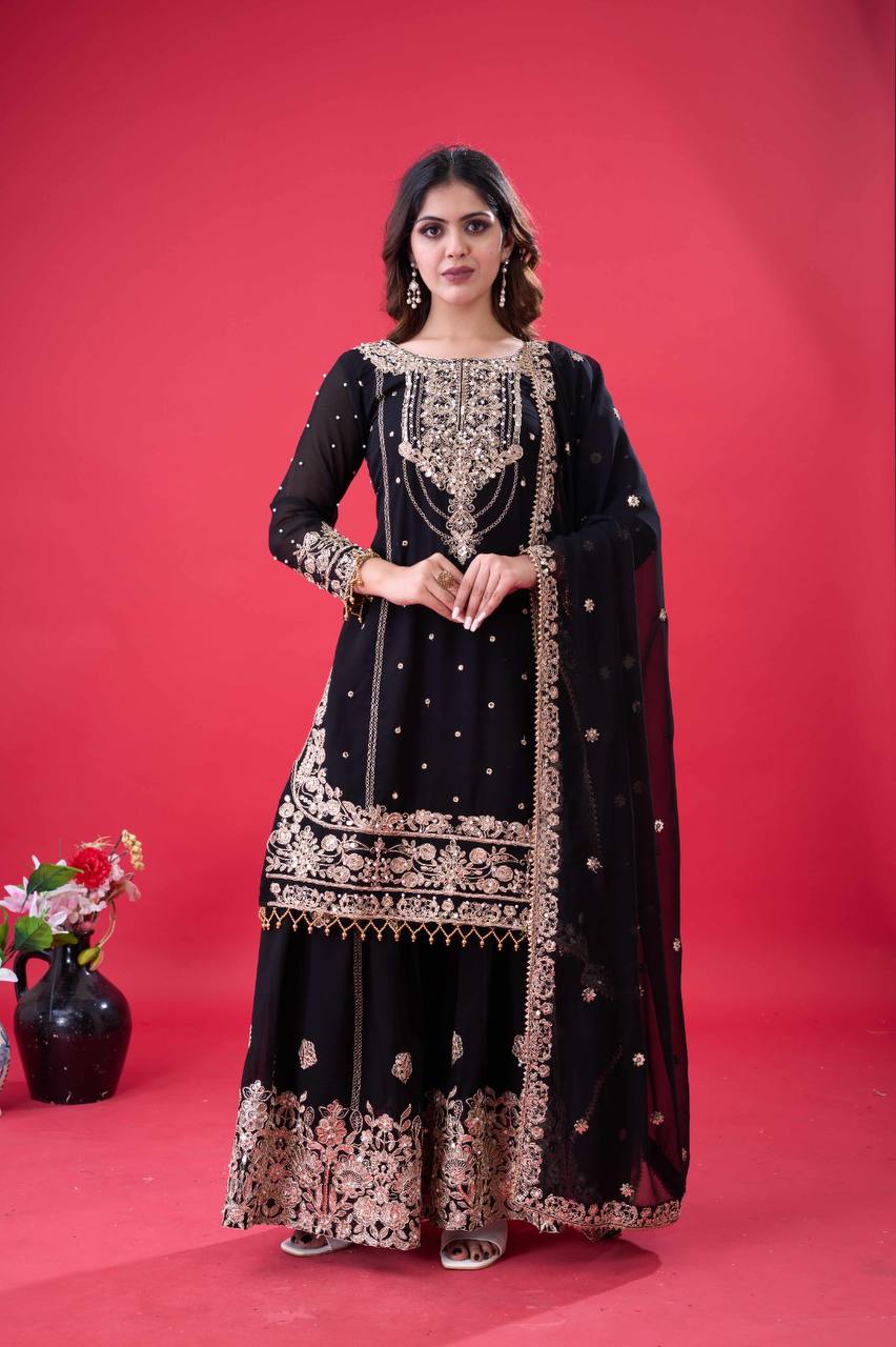 Designer Faux Georgette Top & Plazzo Set with Dupatta – Heavy Embroidery, Dori & Sequence Work