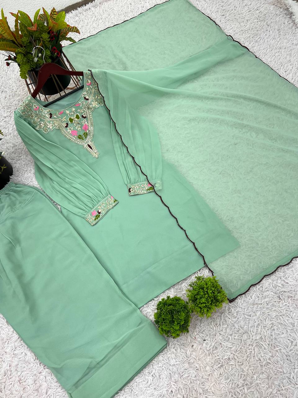 Designer Faux Georgette Top & Plazzo Set with Dupatta – Embroidery & Sequence Work