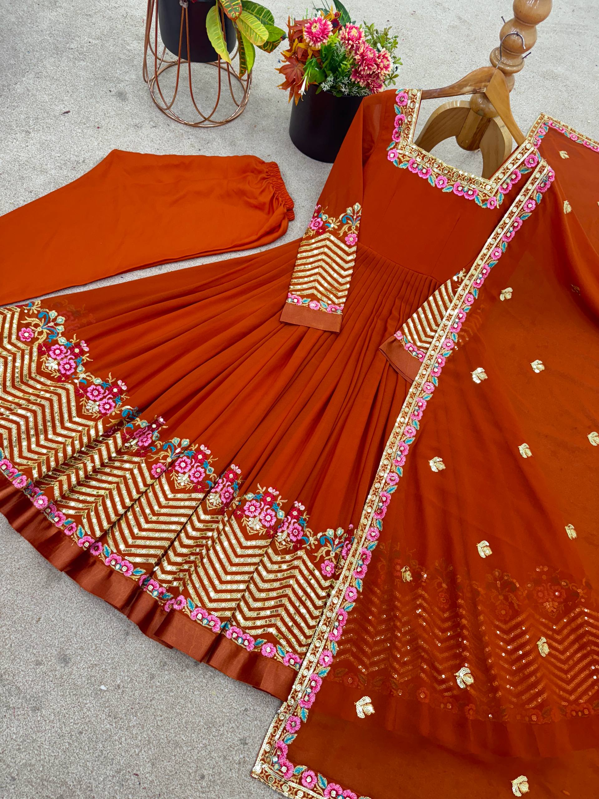 Designer Heavy Georgette Gown Set with Bottom & Dupatta – Multi Thread Embroidery & Sequence Work