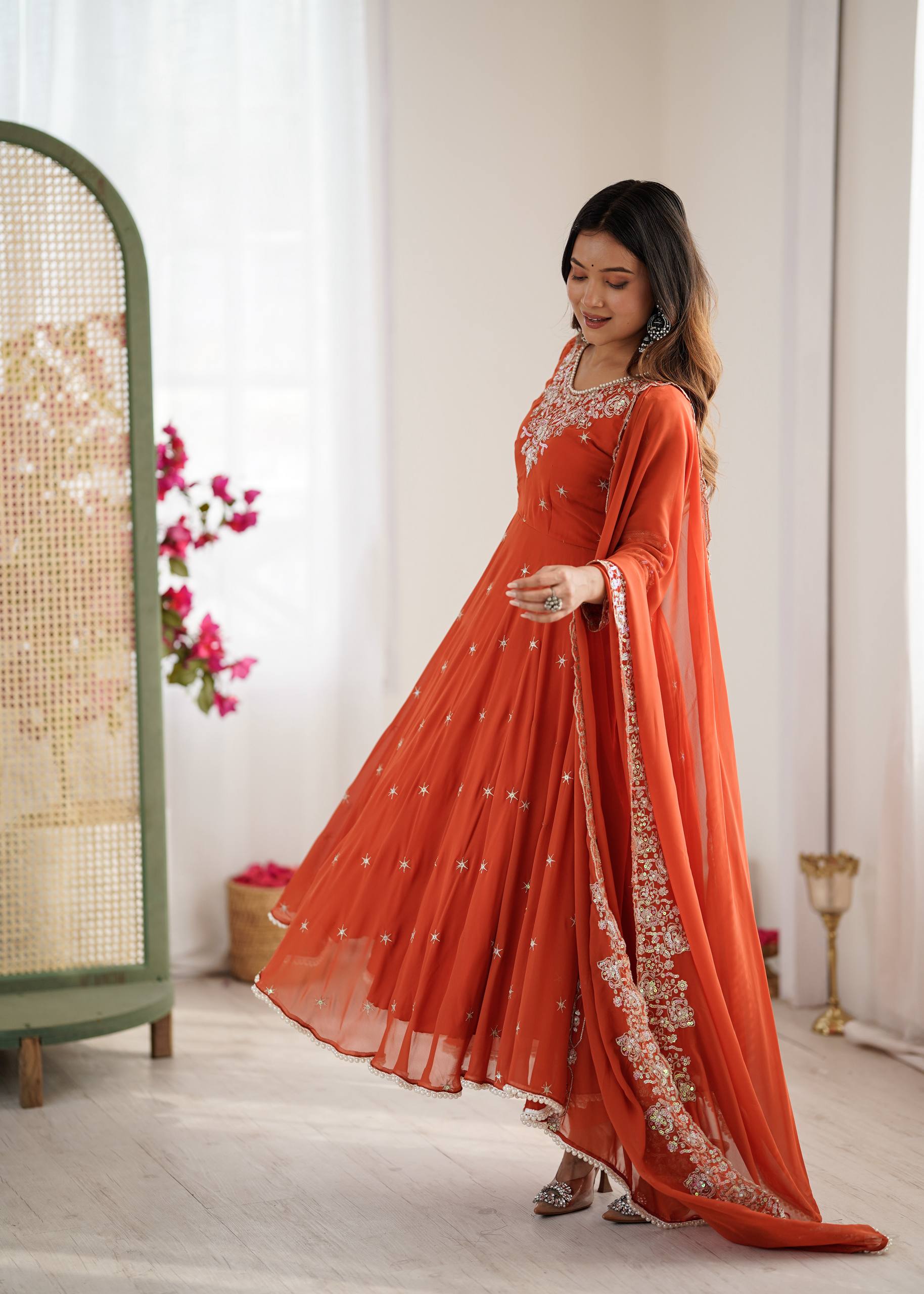 Anarkali Gown Set with Bottom & Dupatta – Heavy Embroidery, Rainbow Sequence & Moti Work