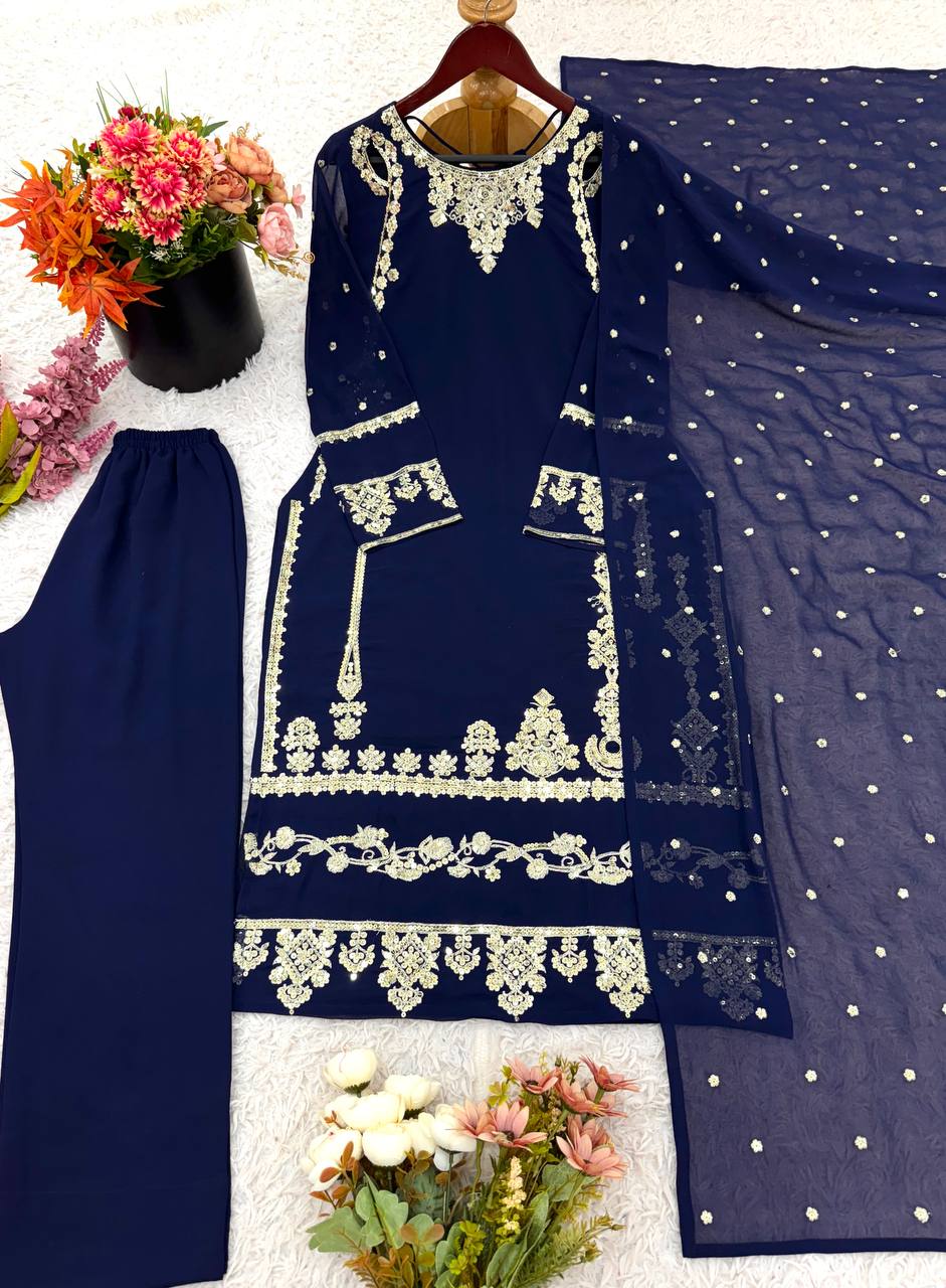 Designer Faux Georgette Top & Bottom Set with Dupatta – Heavy Embroidery & Sequence Work