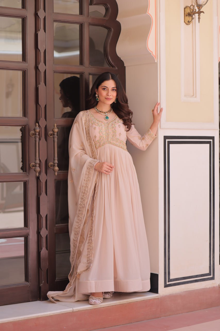 Cream Star Georgette Gown with Dupatta – Beads & Sequins Multi-Embroidery