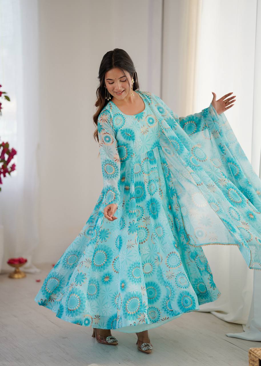 Womens Blue Printed Anarkali Kurta With Trousers & Dupatta