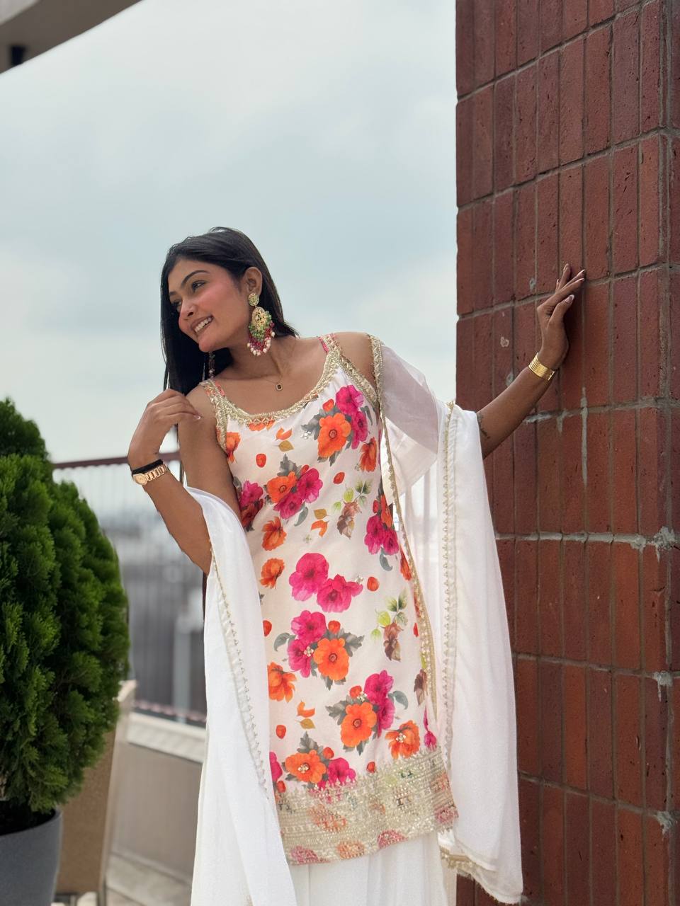 Exclusive  White Chinon Silk Kurti with Flared Plazzo and Lace Dupatta