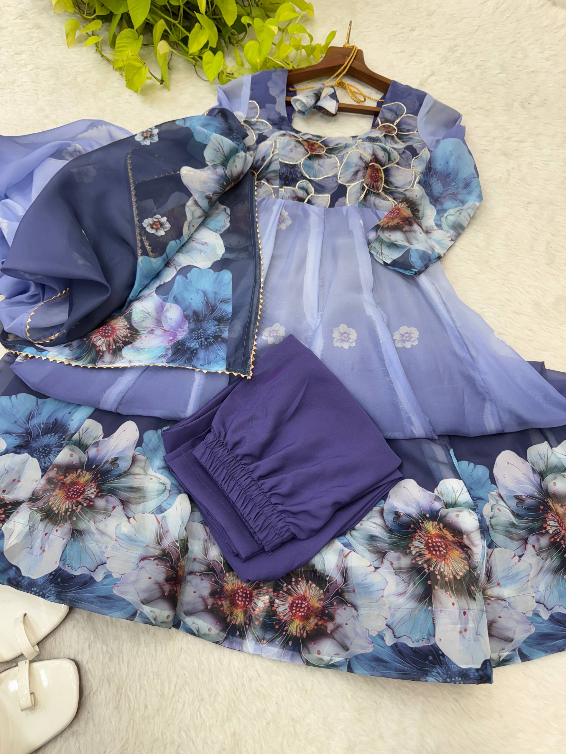 Organza Blue Festival Wear Digital Print Work Readymade Gown