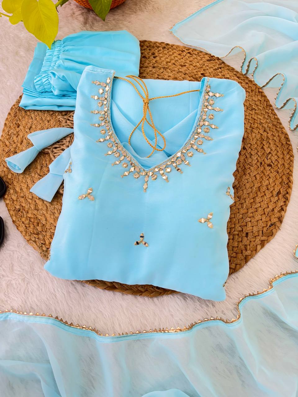 Women Empire Mirror Work Kurta with Trousers & Dupatta