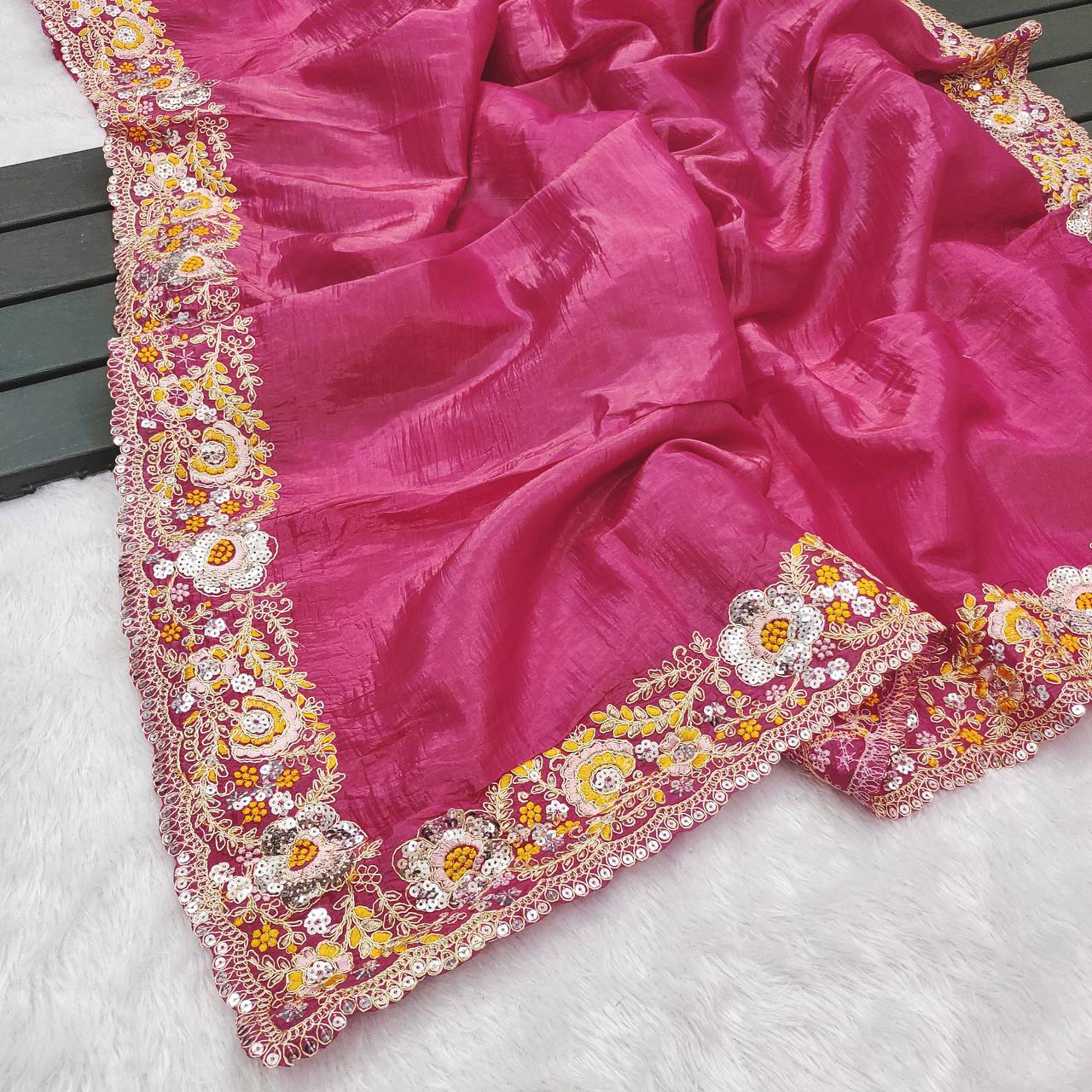 Premium Gold Crush Silk Saree with Heavy Embroidery & Sequins Work