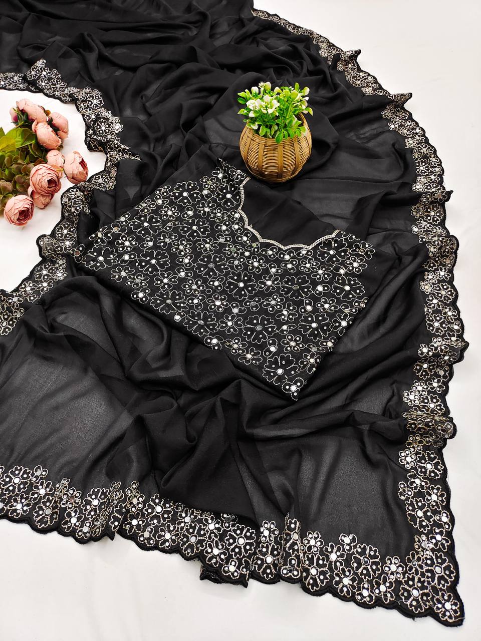 Soft Star Georgette Silk Saree with Mirror Hand Embroidery & Cutwork Border