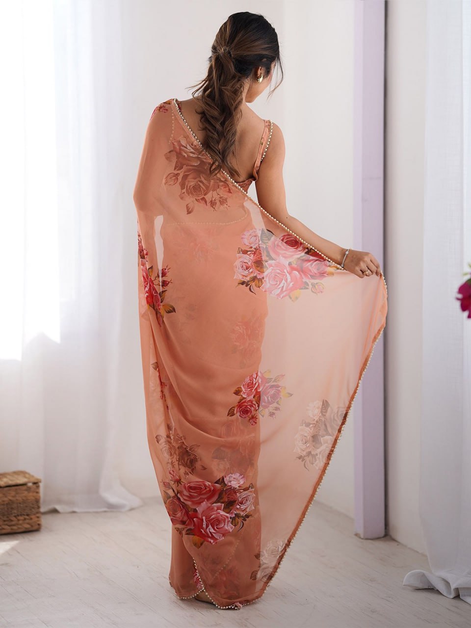 Orange Printed Georgette Saree with Moti Lace & Satin Patta Blouse