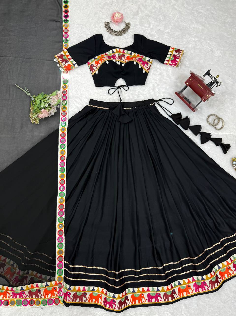 Black Heavy Rayon Lehenga with Gamthi, Real Mirror & Tassel Work