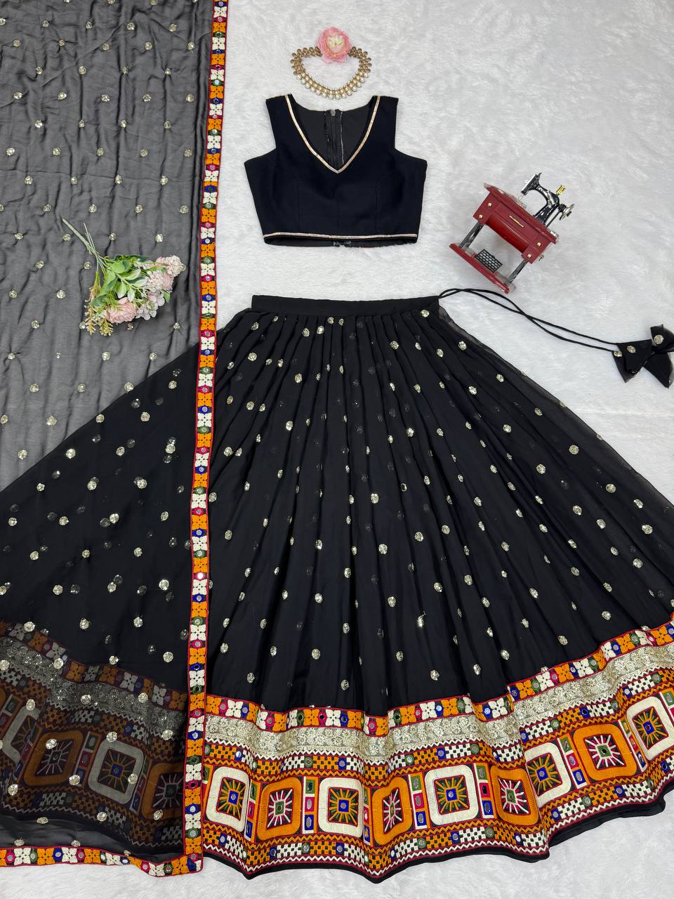 Black Designer Faux Georgette Lehenga Choli Set with Real Mirror & Chain Stitch Work