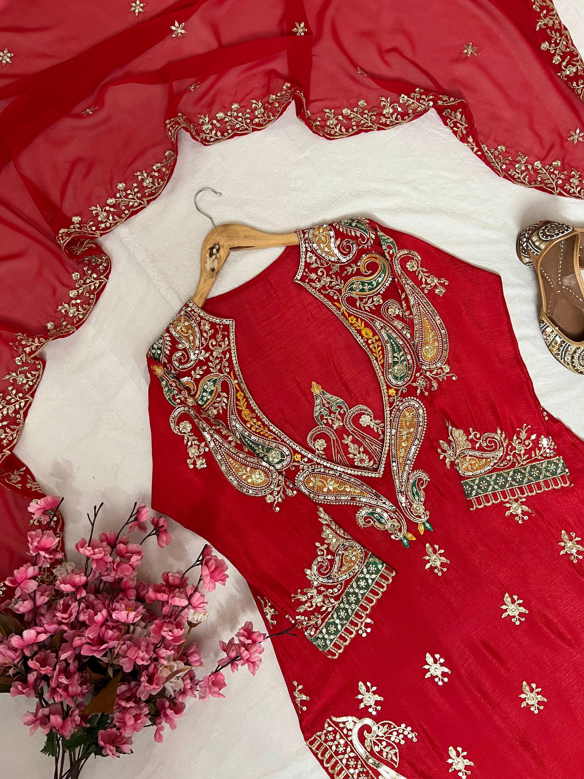Premium Chinon Kurti, Blouse, Pant & Dupatta Set with Embroidery and Sequin Work