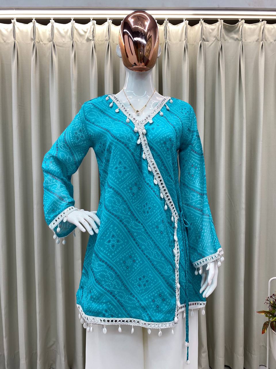 Bandhani Printed V Neck Angrakha Tunic with Solid Sharara