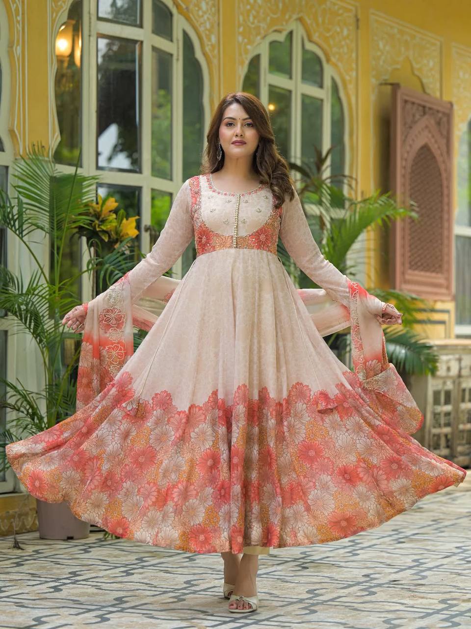 Designer Tebby Organza Gown Set with Embroidery, Digital Print & Dupatta