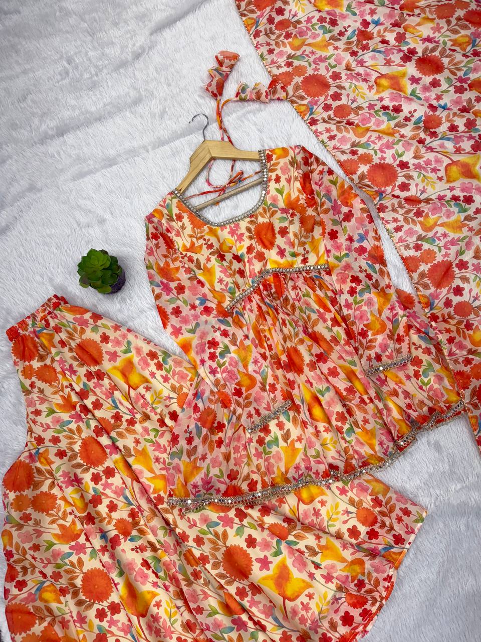 Designer Taby Organza Kediya Kurta Set with Palazzo & Dupatta – Floral Print & Mirror Lace