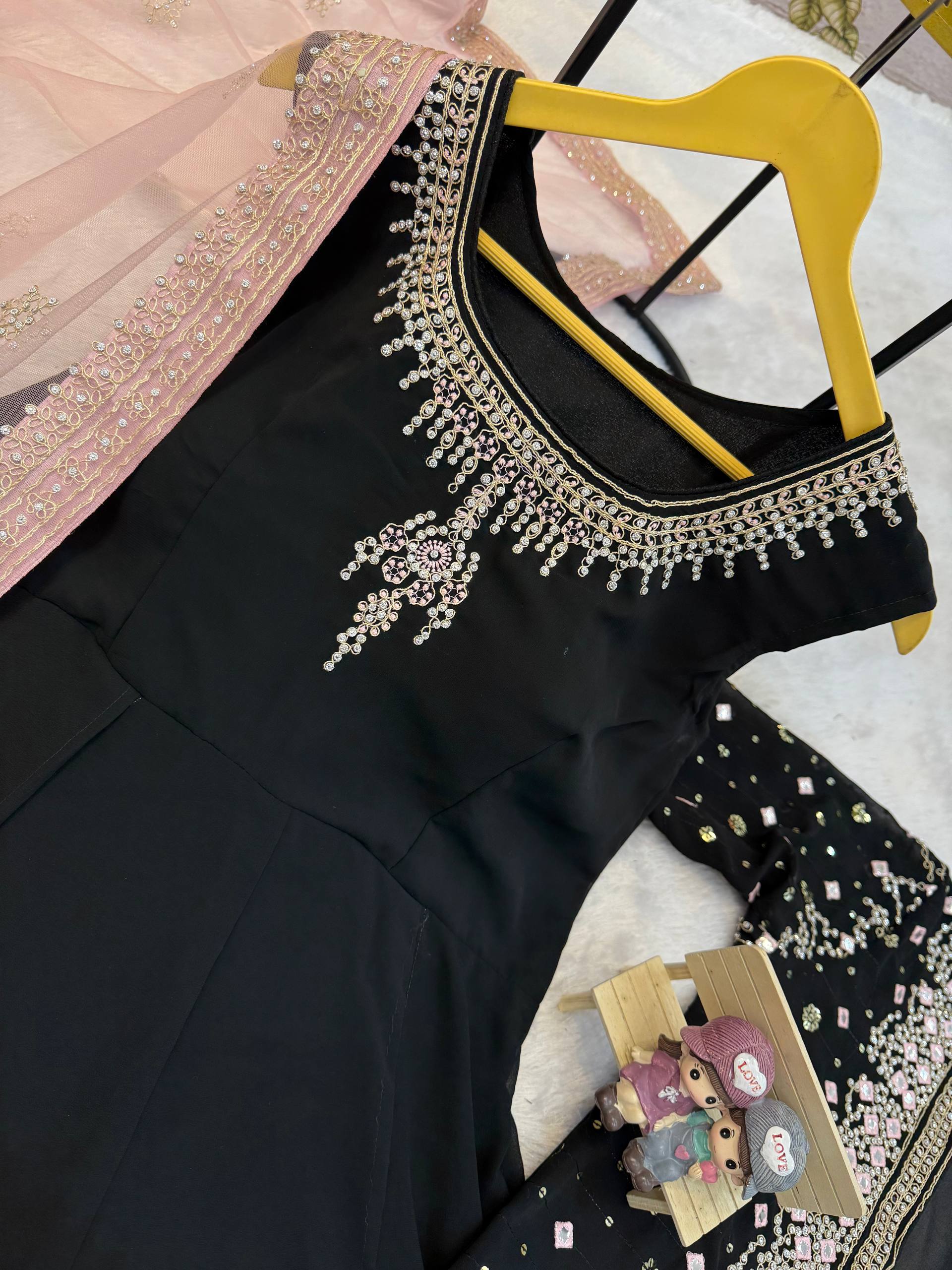 Designer Faux Georgette Gown, Koti & Dupatta Set – Embroidery & Crystal Stone Work