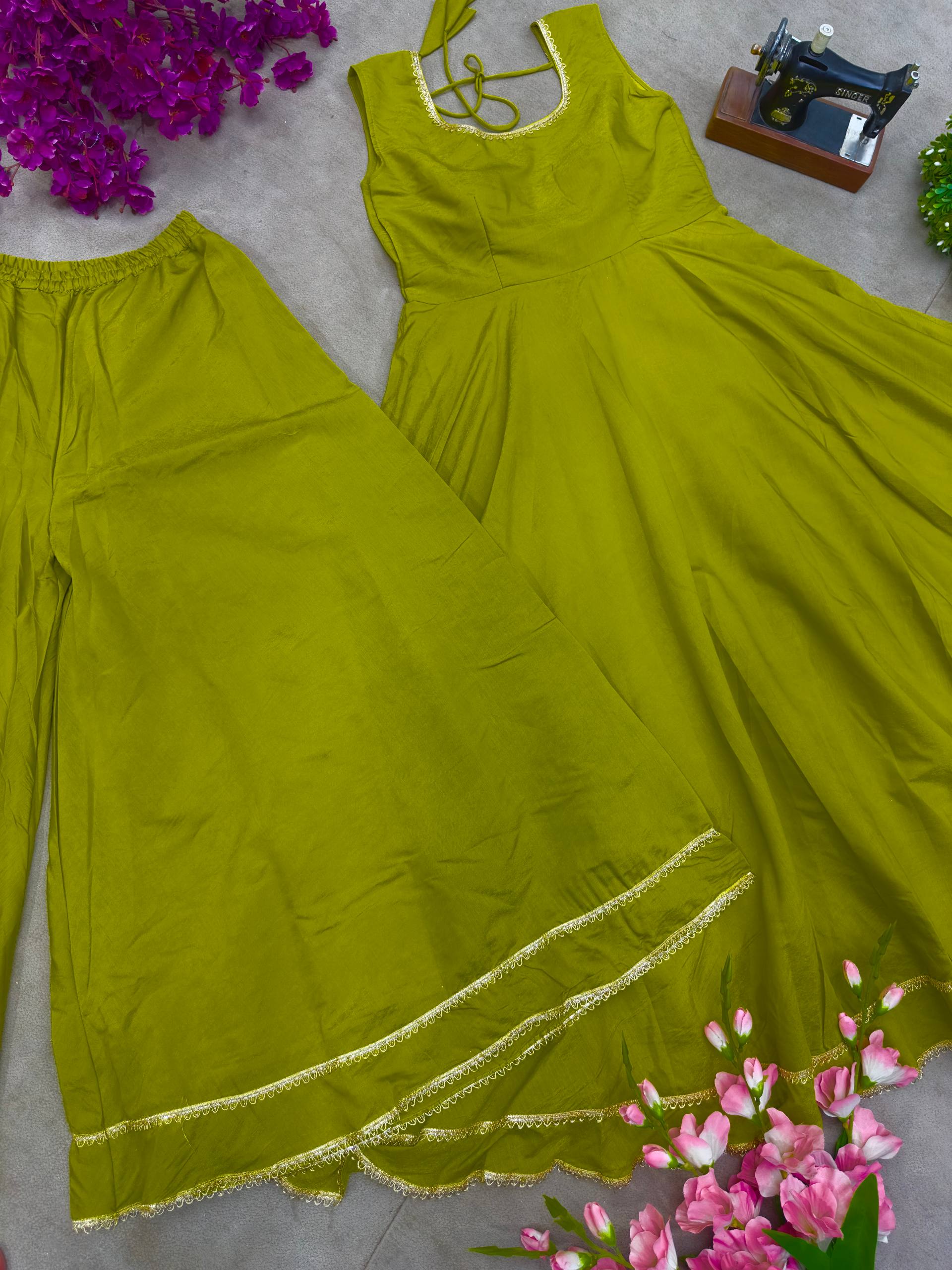 Designer Mehndi Color Roman Simmer Silk Top, Plazzo & Dupatta Set – Embroidery & Gota Lace Work