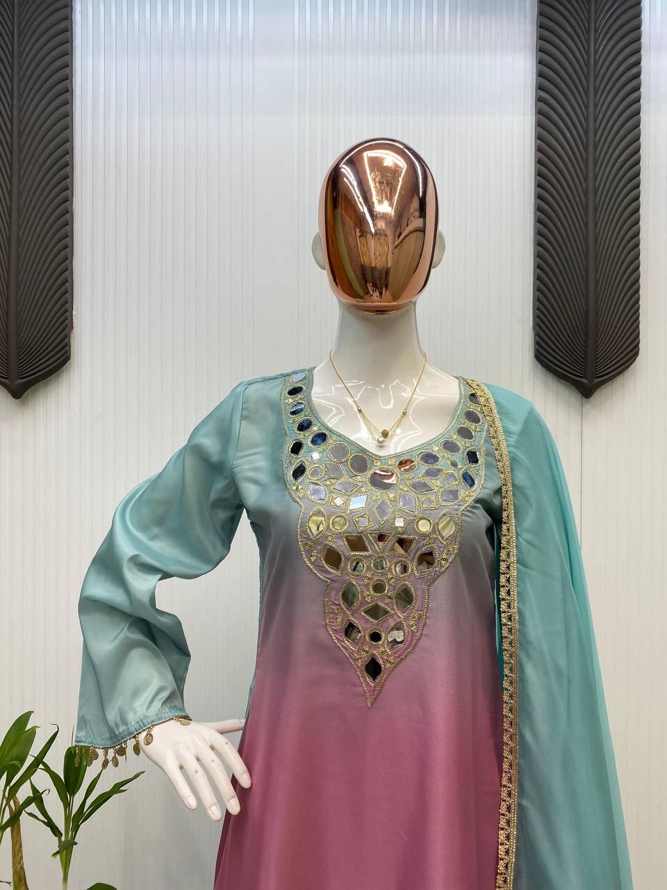 Exclusive 3-Piece Plazzo Set with Dupatta – Printed Crape Silk & Mirror Embroidery Work