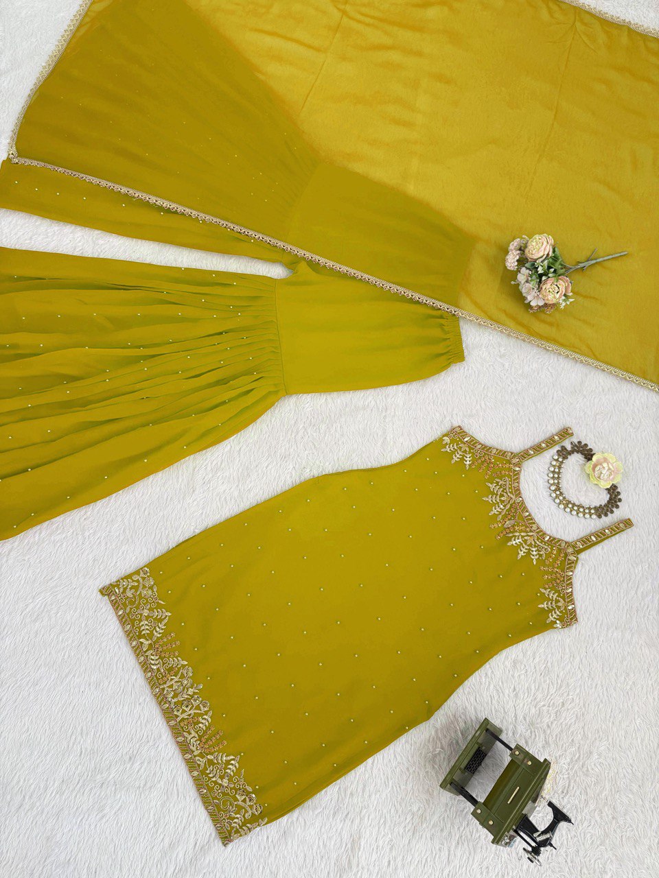 Green Georgette Sharara Set with Dupatta – Thread, Sequin & Pearl Work