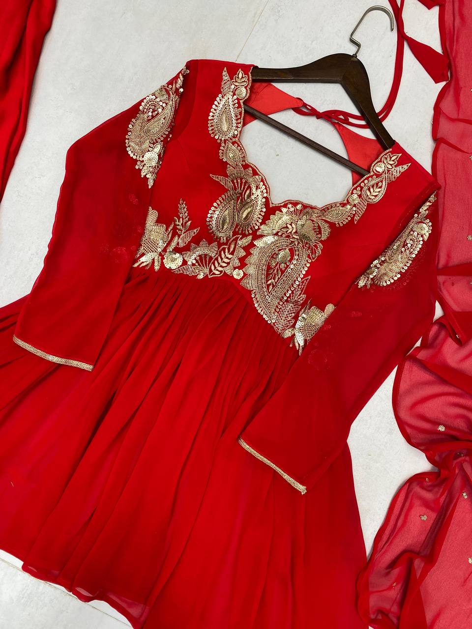Exclusive One-Piece Cowl Dress Set with Shrug – Chinon Fabric with Sequence Embroidery