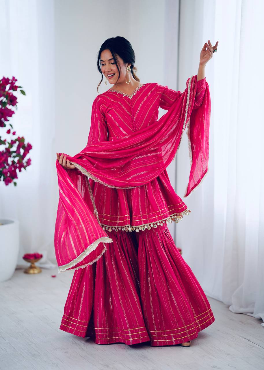 Designer Mal Chanderi Top with Sharara Plazzo & Dupatta – Mirror Work & Hand Embroidery