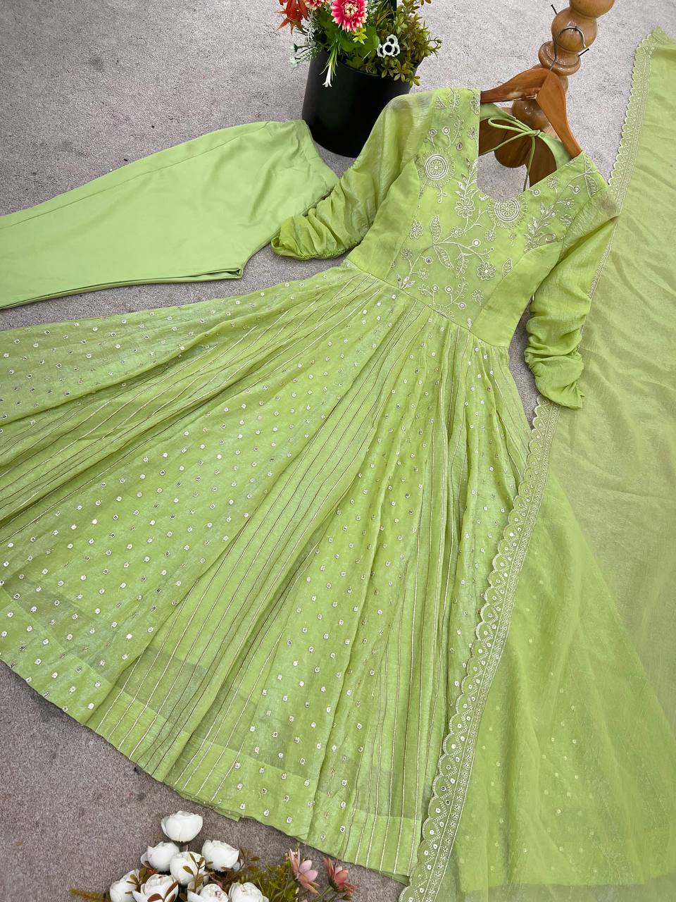Designer Anarkali Gown Set with Pant & Dupatta – Crunchy Silk with Embroidery & Sequence Work