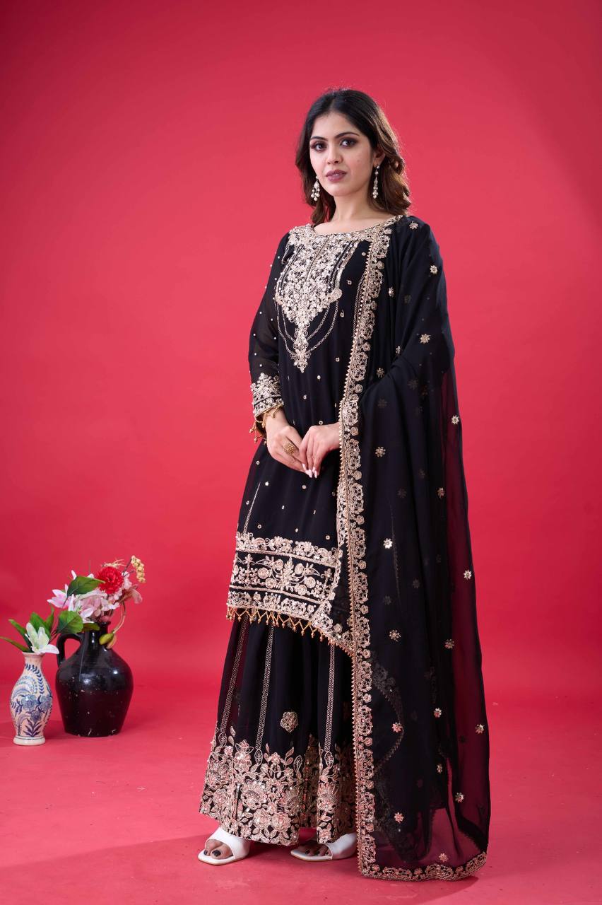 Designer Faux Georgette Top & Plazzo Set with Dupatta – Heavy Embroidery, Dori & Sequence Work