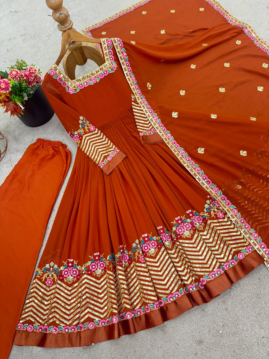 Designer Heavy Georgette Gown Set with Bottom & Dupatta – Multi Thread Embroidery & Sequence Work
