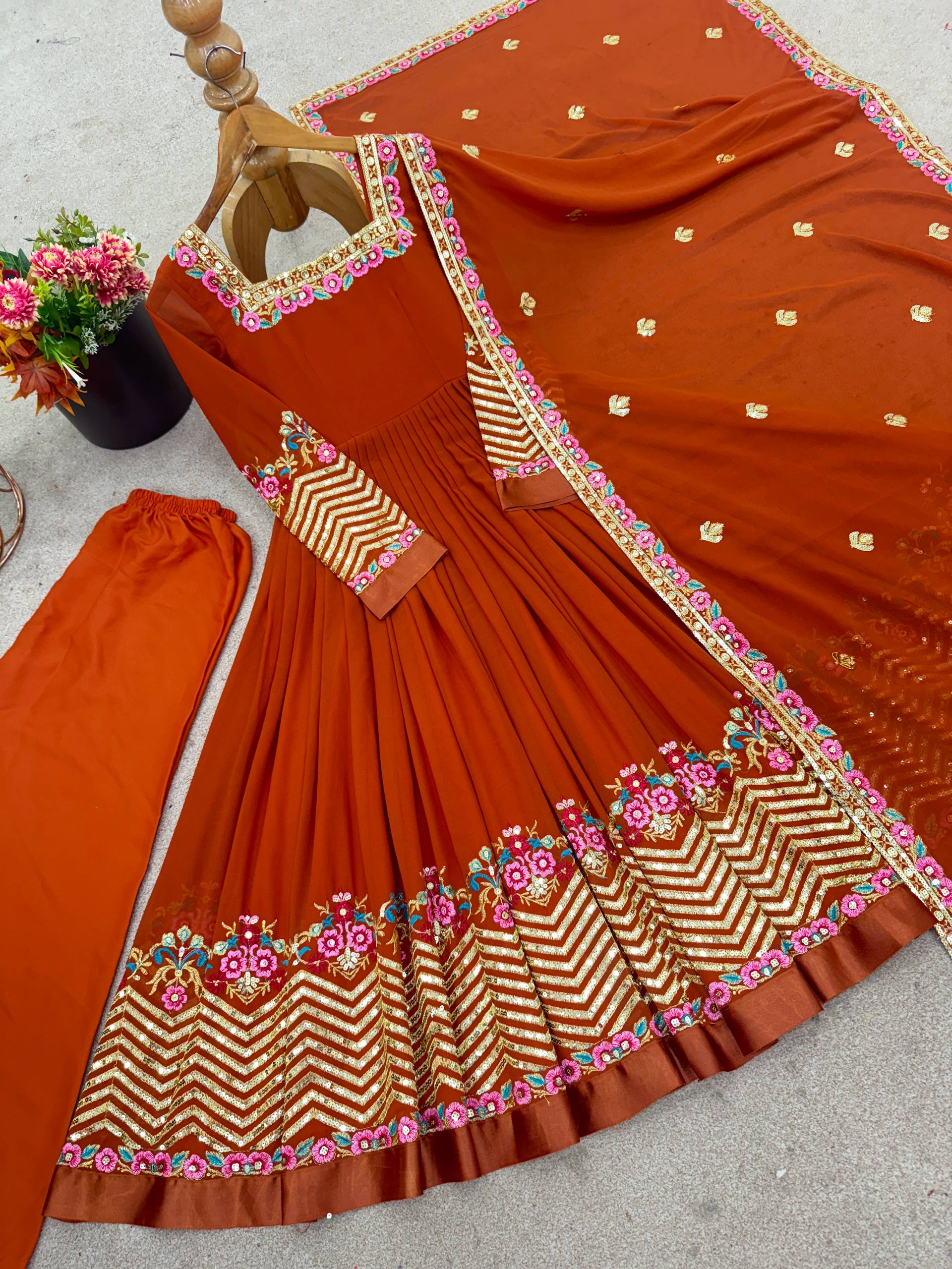 Designer Heavy Georgette Gown Set with Bottom & Dupatta – Multi Thread Embroidery & Sequence Work