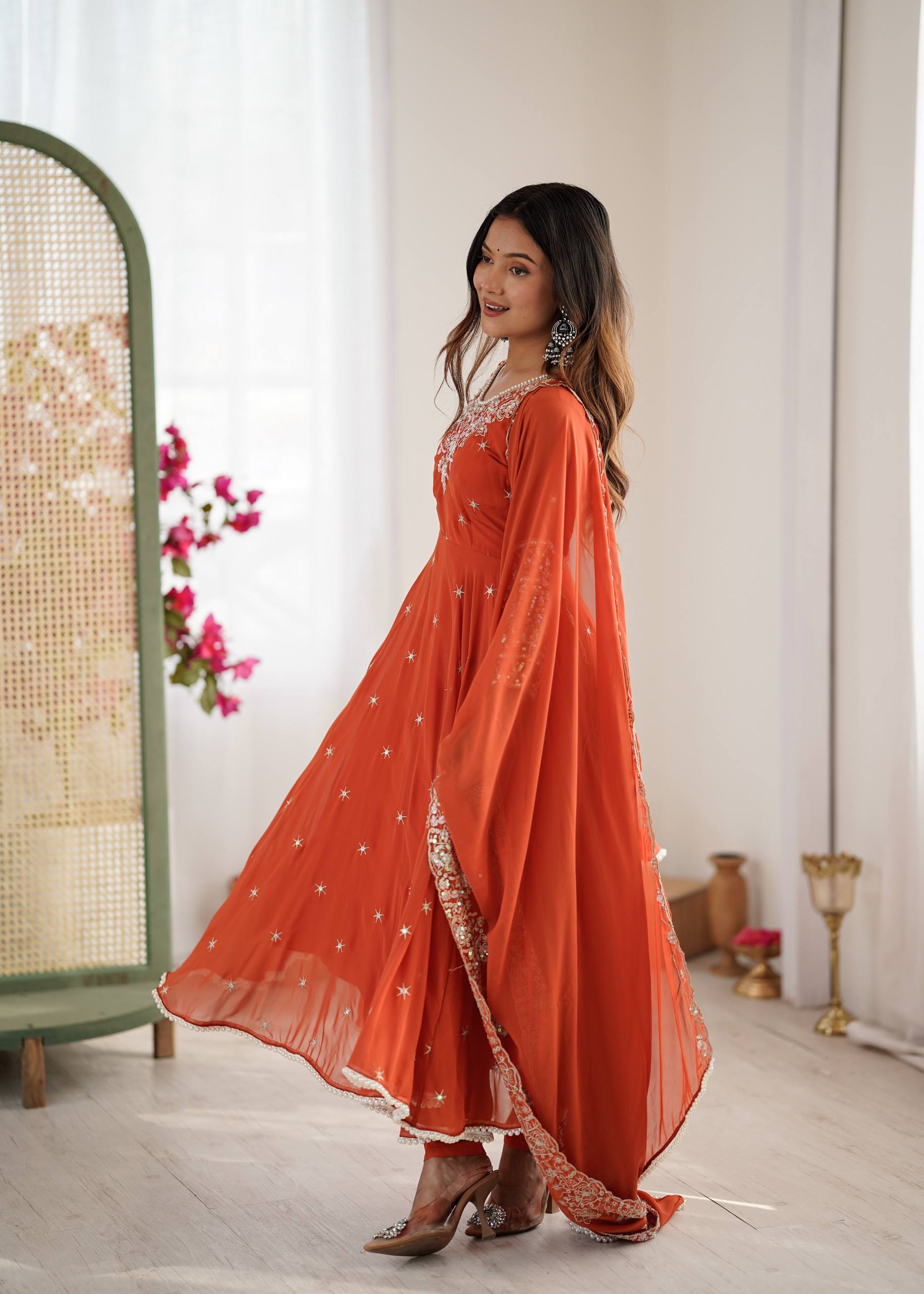 Anarkali Gown Set with Bottom & Dupatta – Heavy Embroidery, Rainbow Sequence & Moti Work