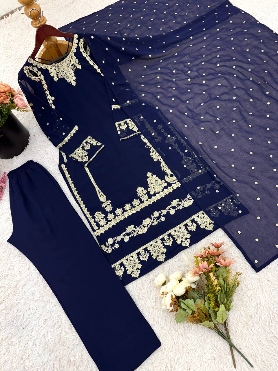 Designer Faux Georgette Top & Bottom Set with Dupatta – Heavy Embroidery & Sequence Work