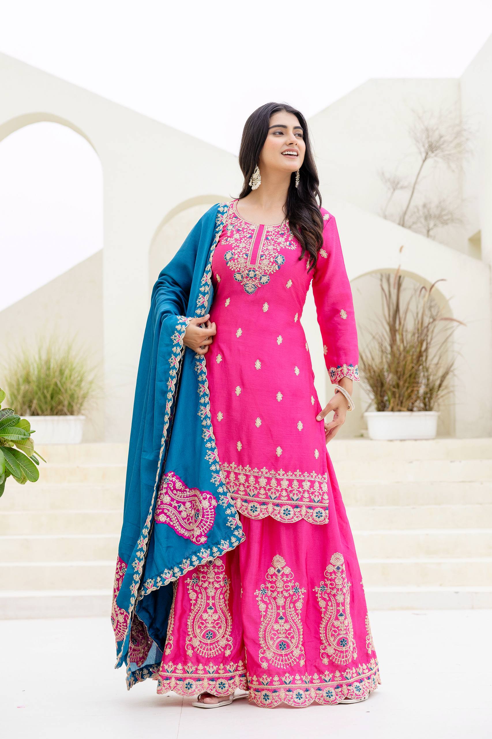 Women Ethnic Motifs Embroidered Kurta with Sharara & Dupatta