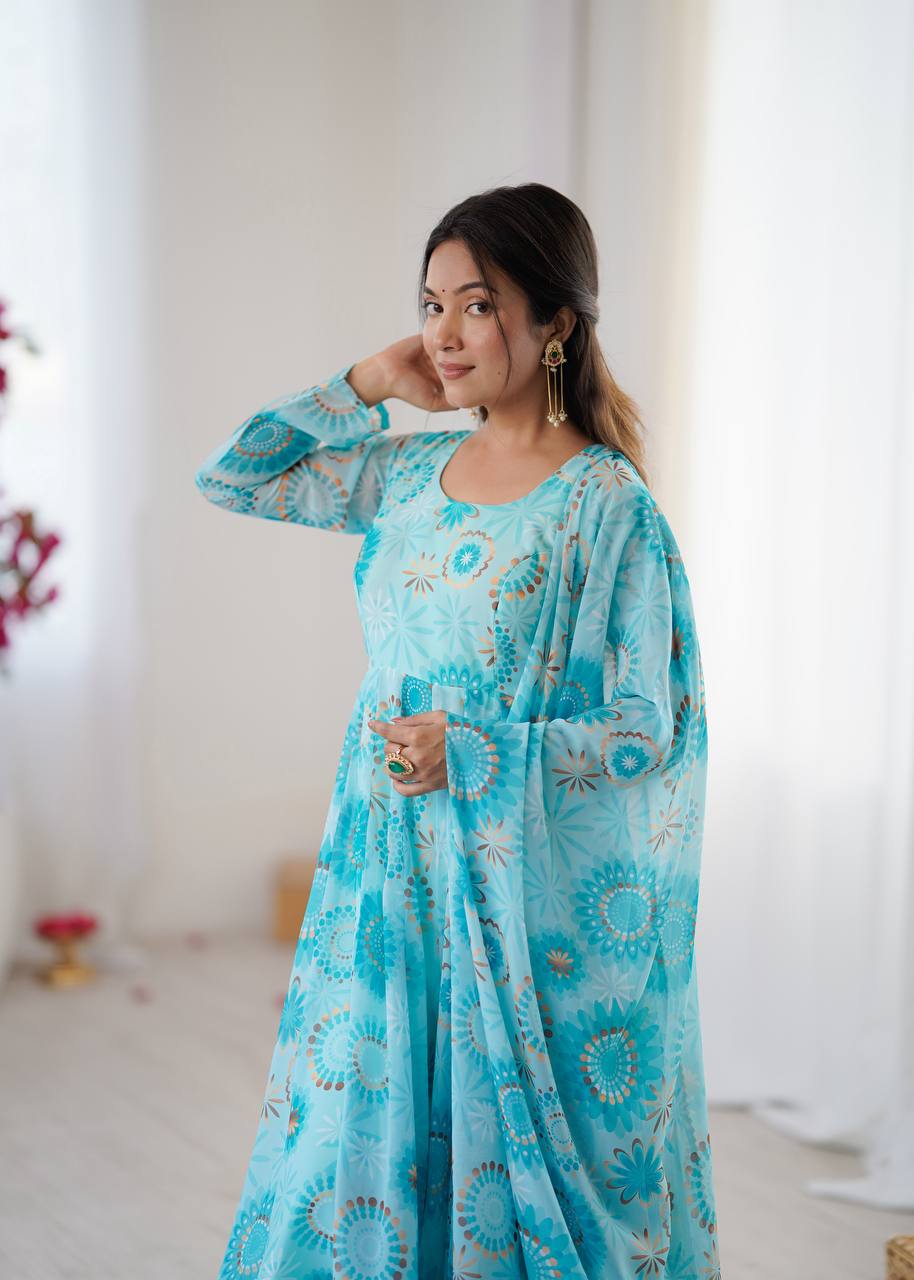 Womens Blue Printed Anarkali Kurta With Trousers & Dupatta