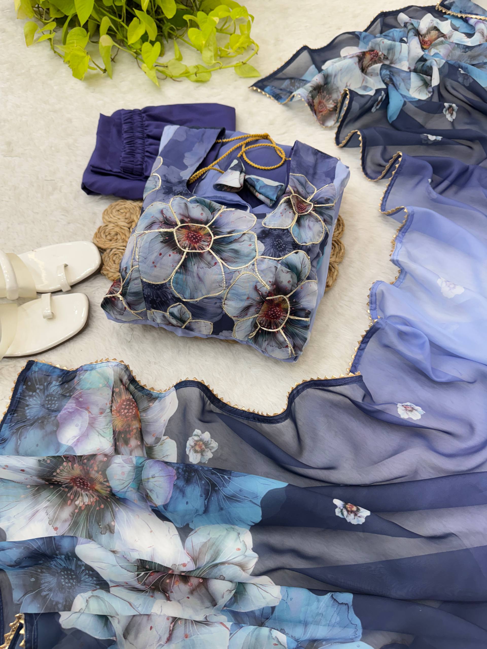 Organza Blue Festival Wear Digital Print Work Readymade Gown