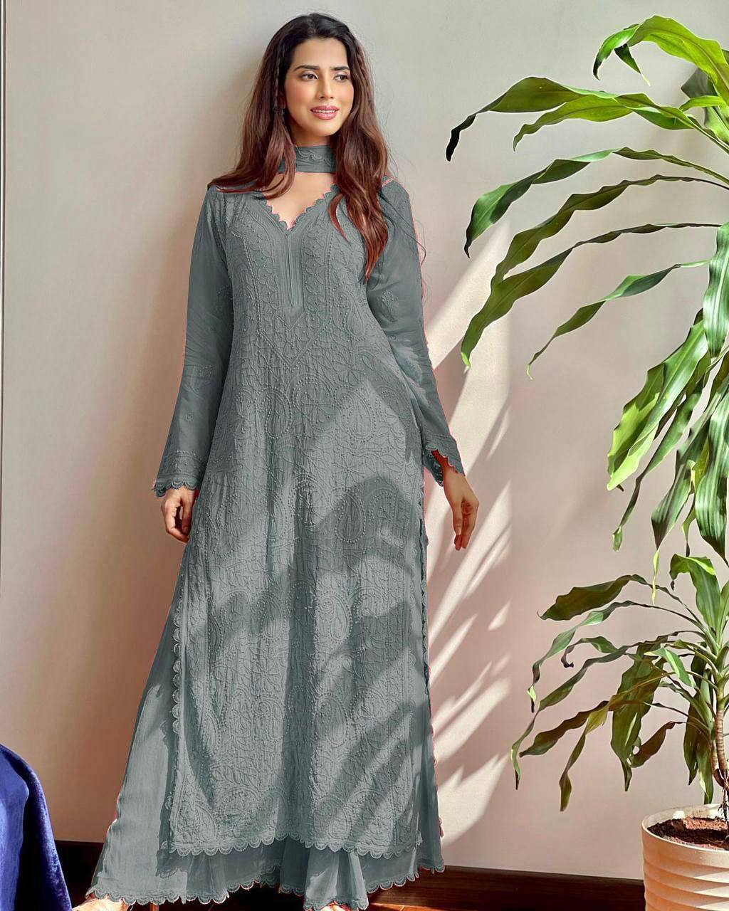 New Dusty Grey Trend Chikankari special Ethnic Set