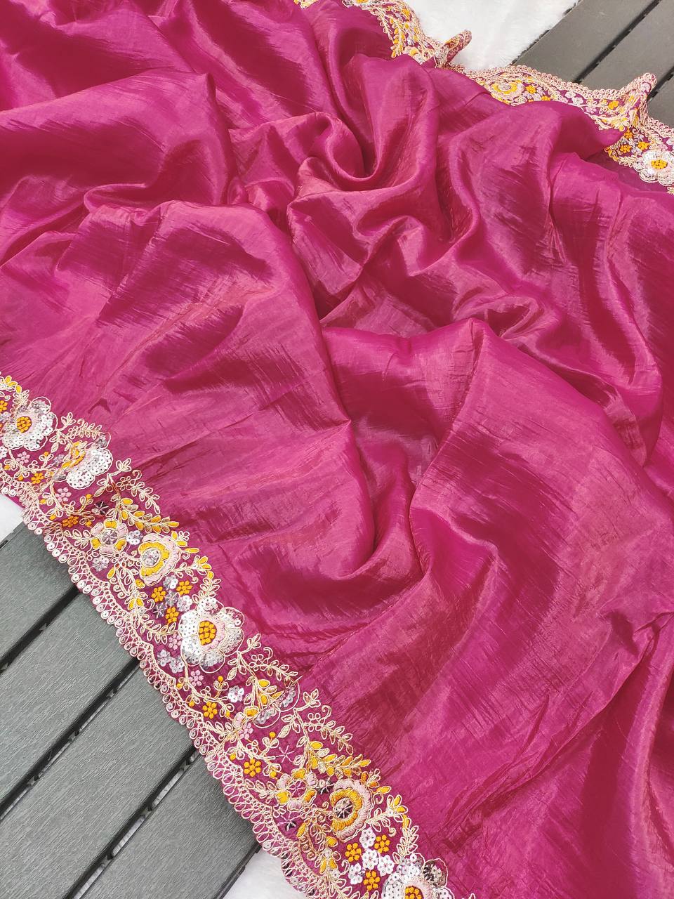 Premium Gold Crush Silk Saree with Heavy Embroidery & Sequins Work