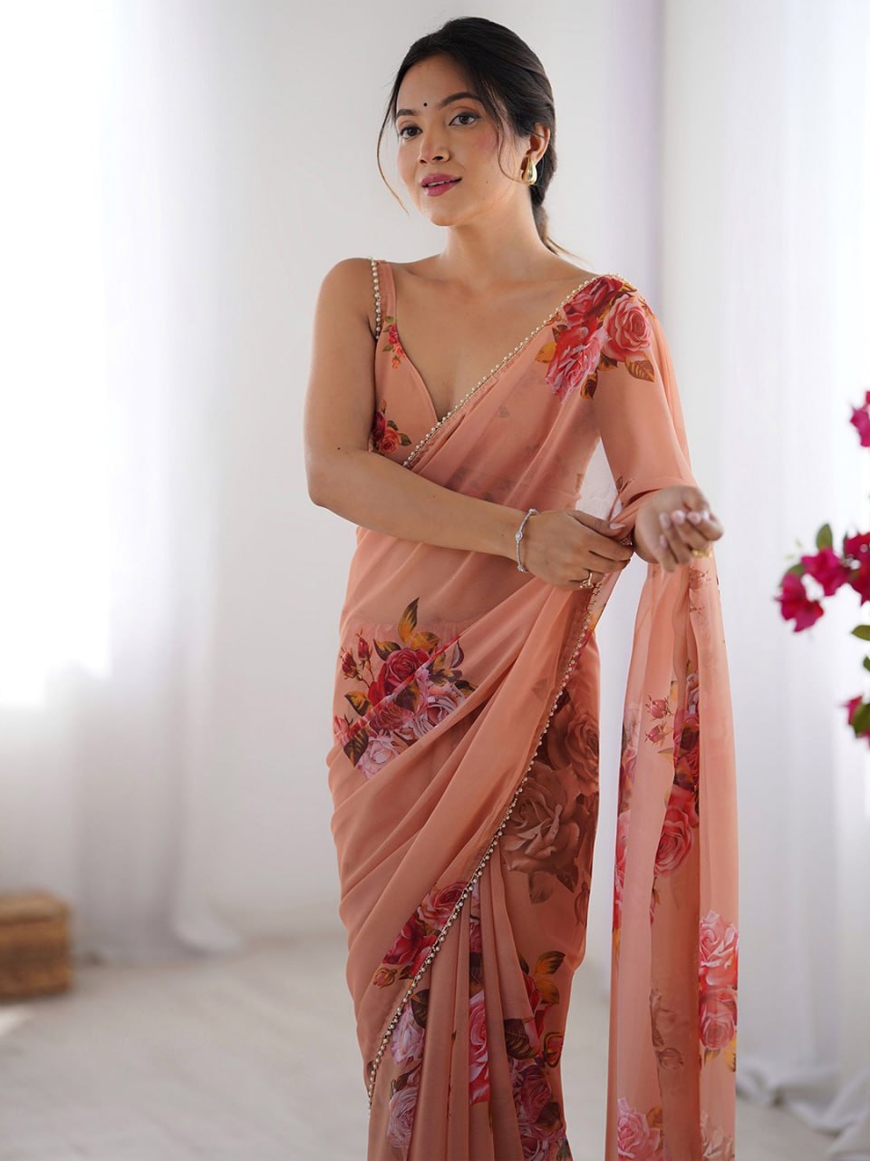 Orange Printed Georgette Saree with Moti Lace & Satin Patta Blouse