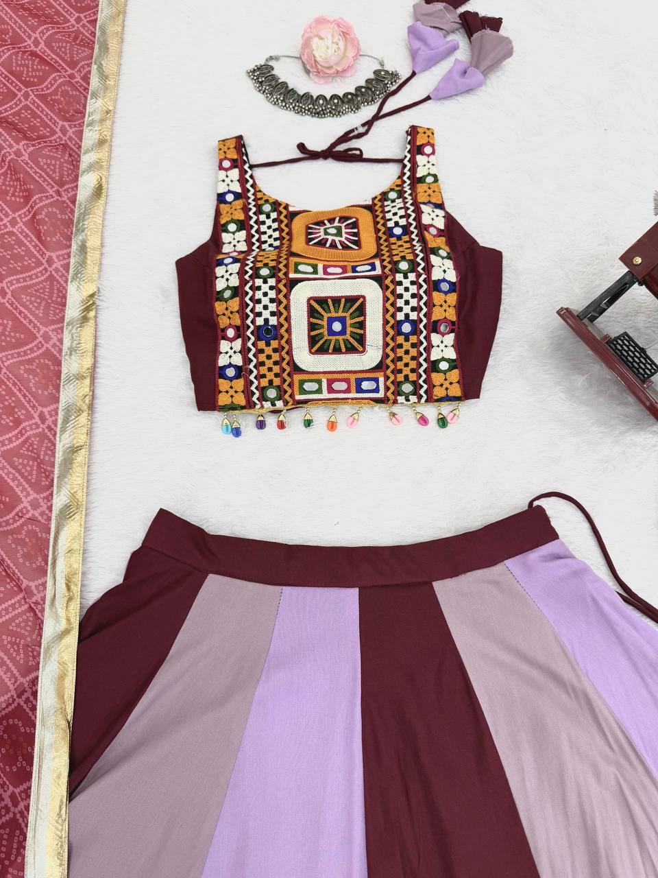 Navratri Special Heavy Rayon Lehenga Choli with Real Mirror & Gamthi Thread Work