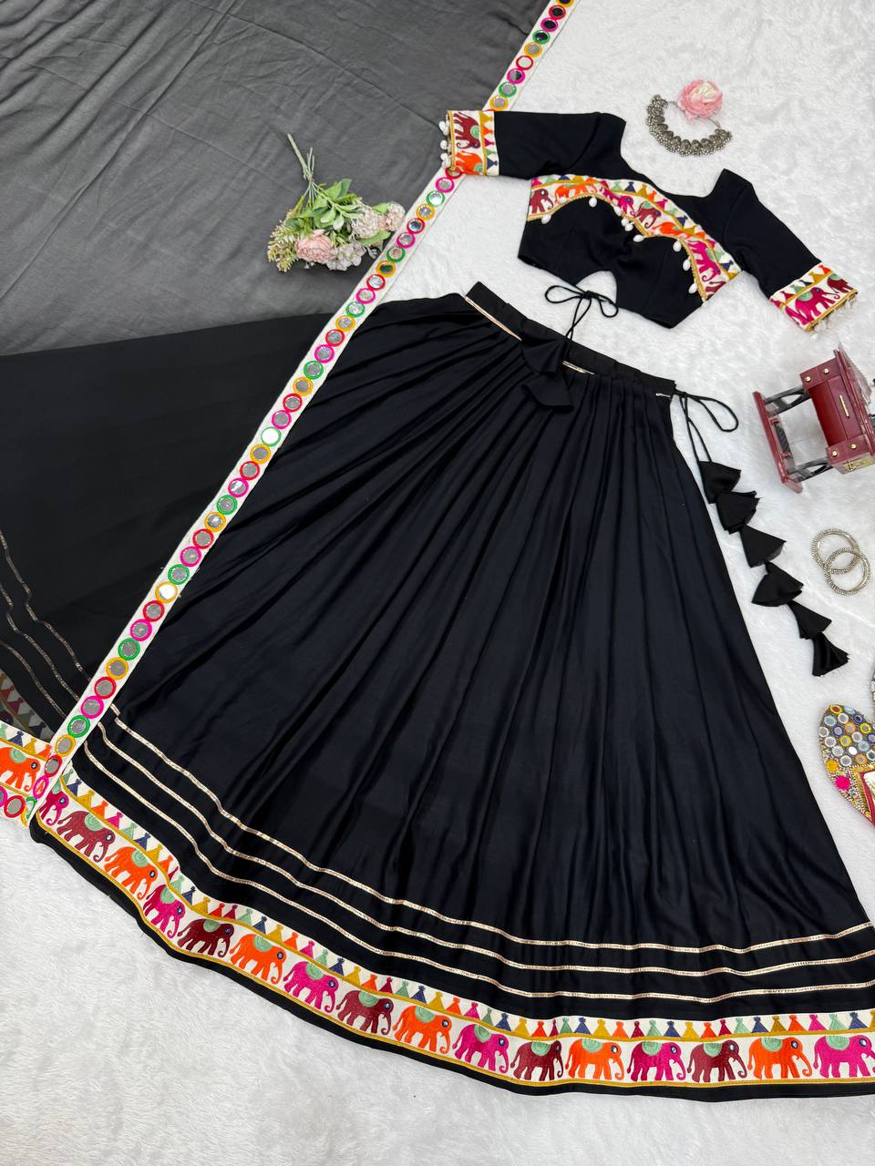 Black Heavy Rayon Lehenga with Gamthi, Real Mirror & Tassel Work