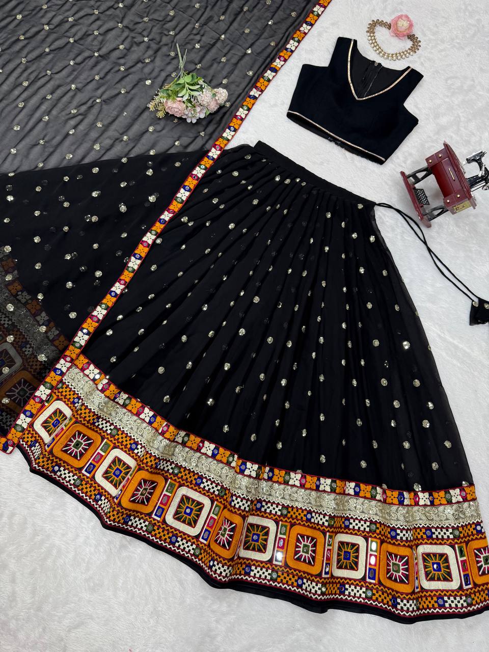 Black Designer Faux Georgette Lehenga Choli Set with Real Mirror & Chain Stitch Work