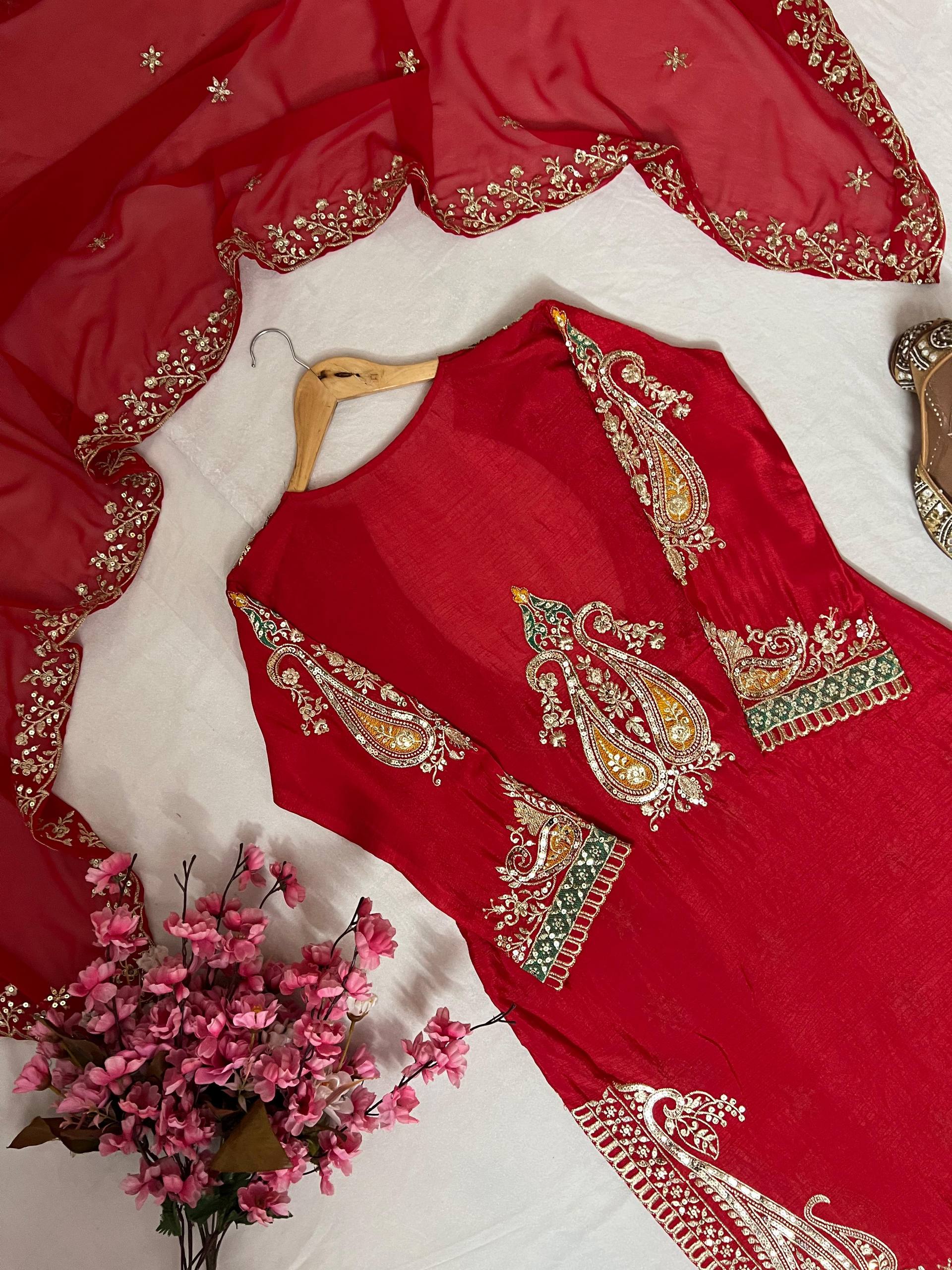 Premium Chinon Kurti, Blouse, Pant & Dupatta Set with Embroidery and Sequin Work