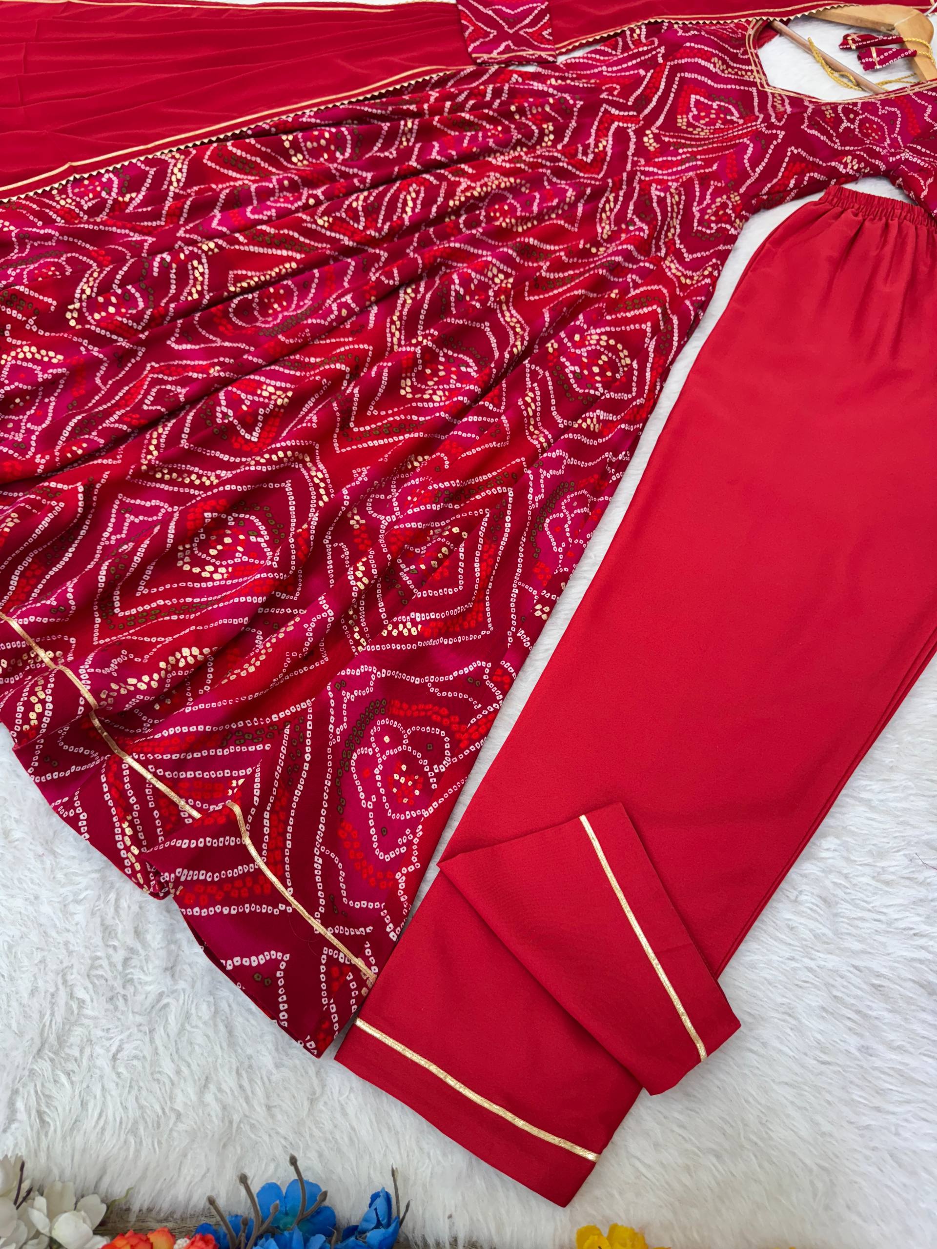 Bandhani Printed Sweetheart Neck Anarkali Kurta With Trousers & Dupatta