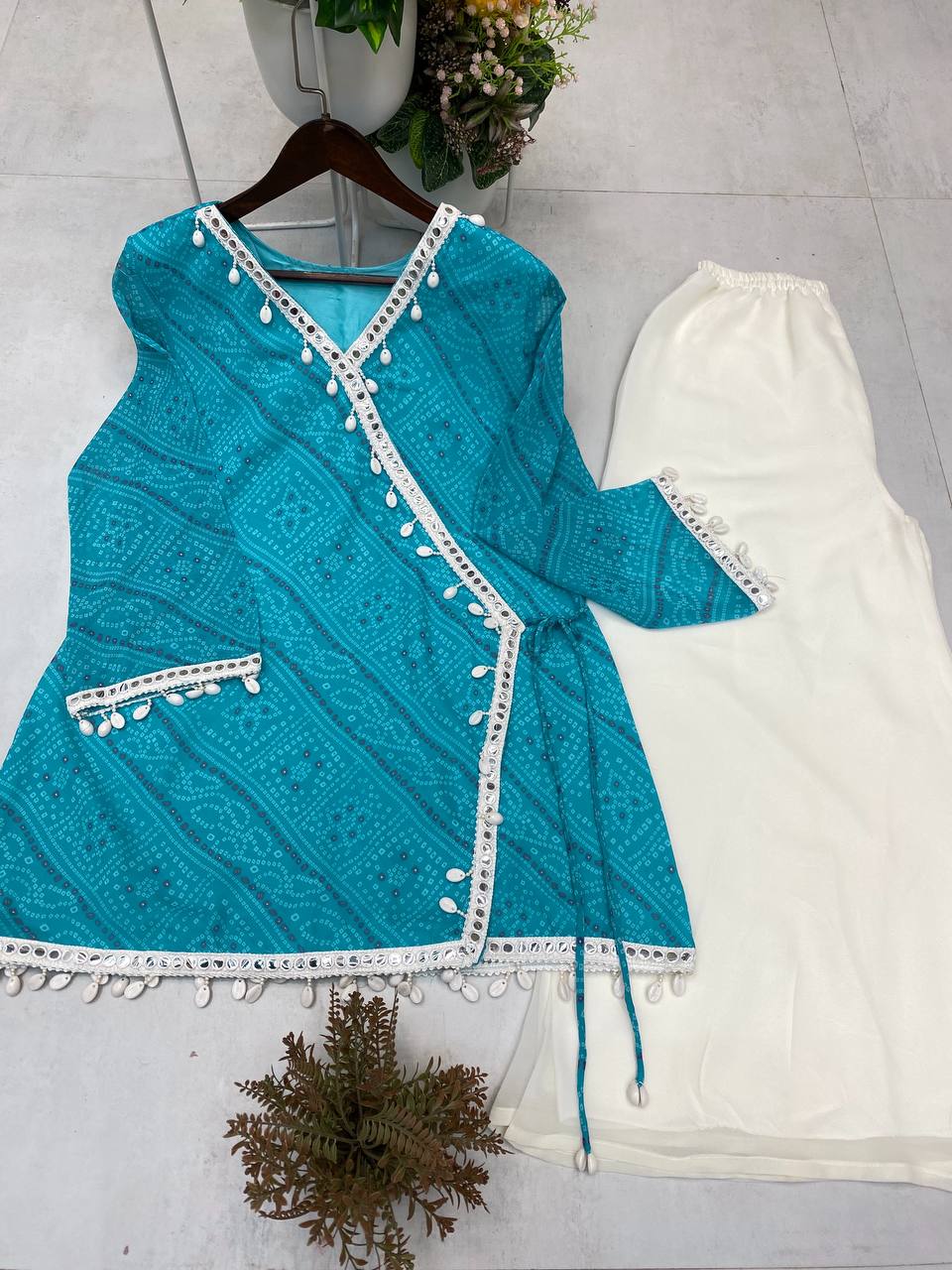 Bandhani Printed V Neck Angrakha Tunic with Solid Sharara