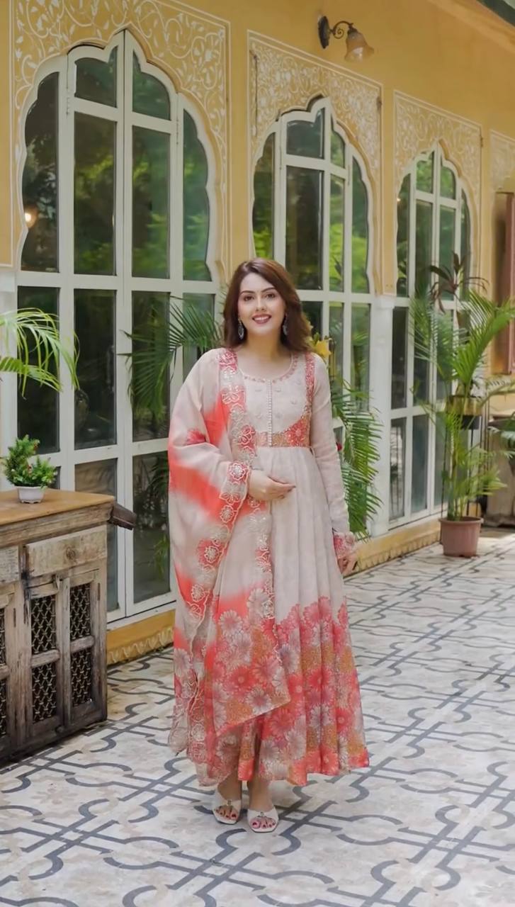 Designer Tebby Organza Gown Set with Embroidery, Digital Print & Dupatta