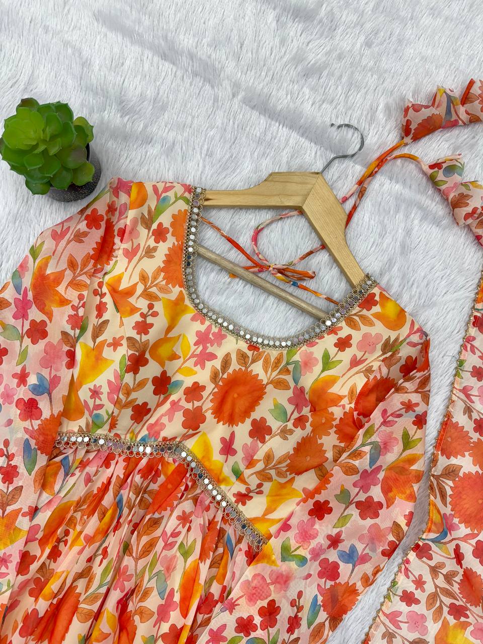 Designer Taby Organza Kediya Kurta Set with Palazzo & Dupatta – Floral Print & Mirror Lace