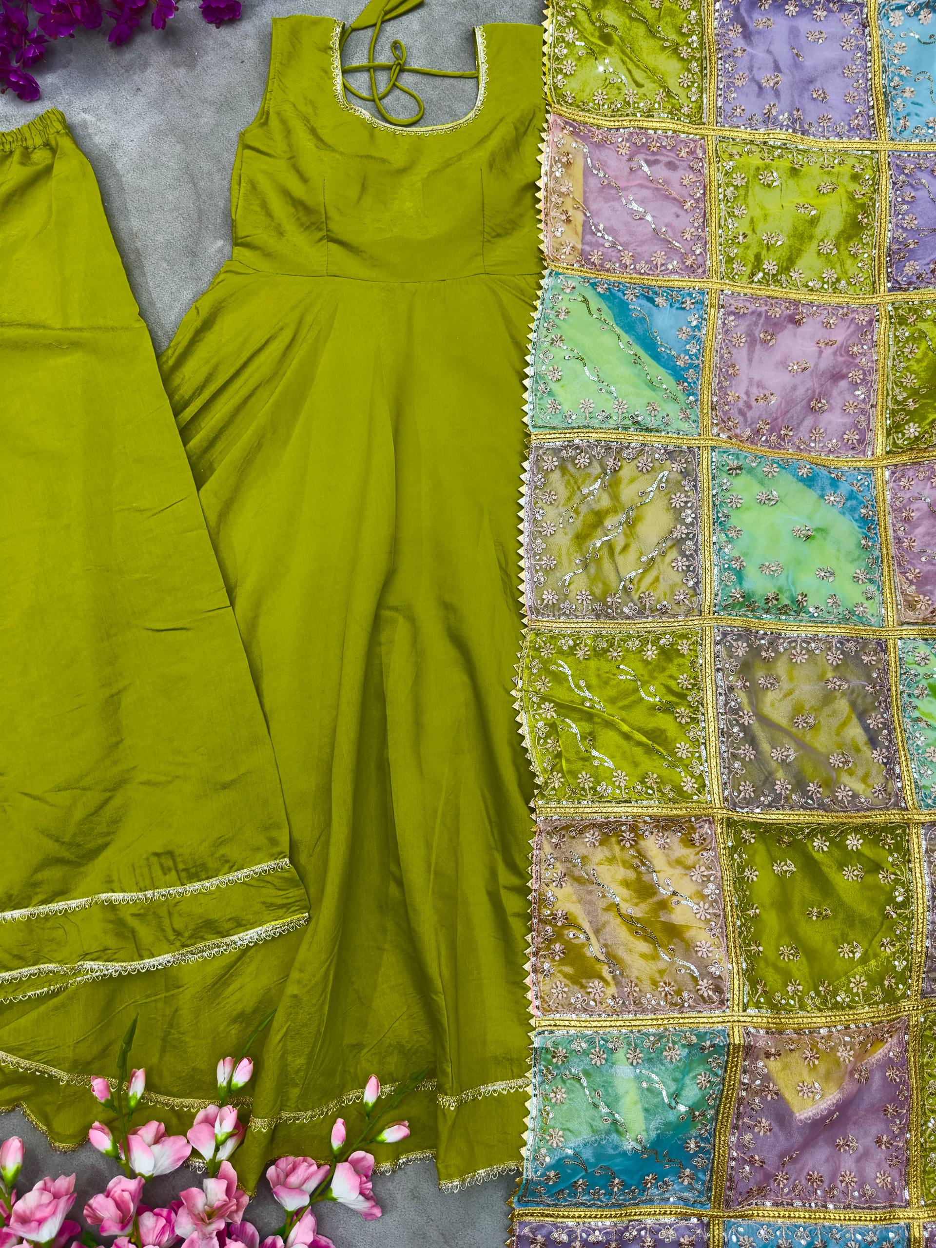 Designer Mehndi Color Roman Simmer Silk Top, Plazzo & Dupatta Set – Embroidery & Gota Lace Work