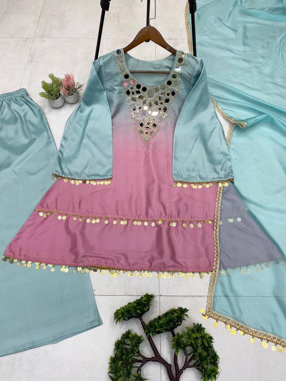 Exclusive 3-Piece Plazzo Set with Dupatta – Printed Crape Silk & Mirror Embroidery Work